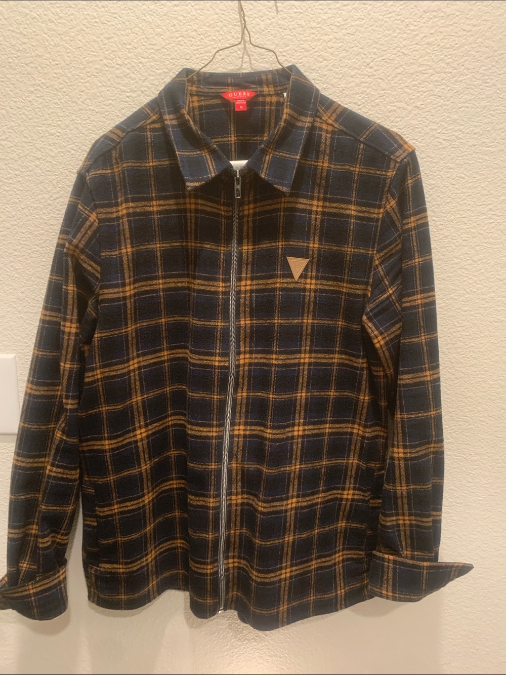 GUESS Men's Navy and Mustard Plaid Zip Shirt Jacket